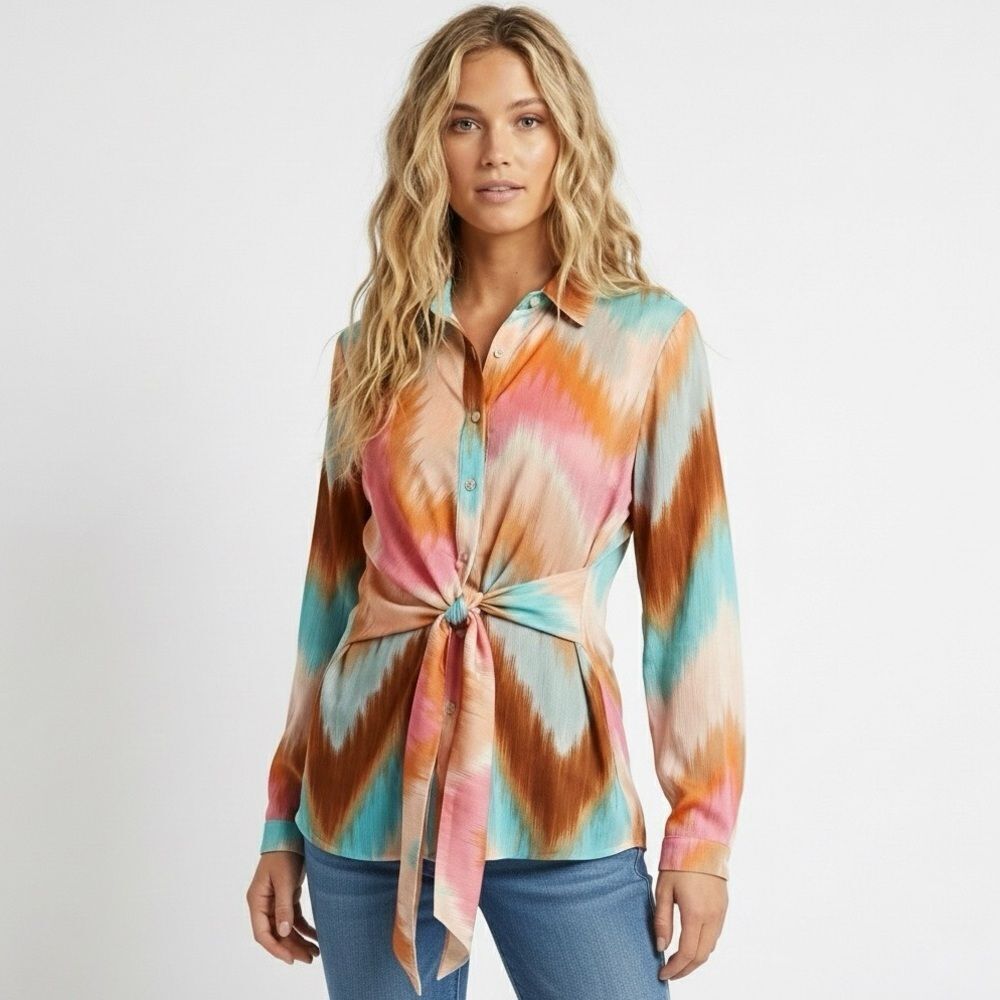 Beulah Style Abstract Tie Front Blouse Large NWT Boho Colorful Button Down Top